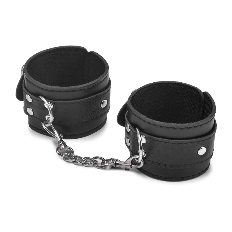 Leather Handcuffs with Chain – Padded Bondage Cuffs – view 1