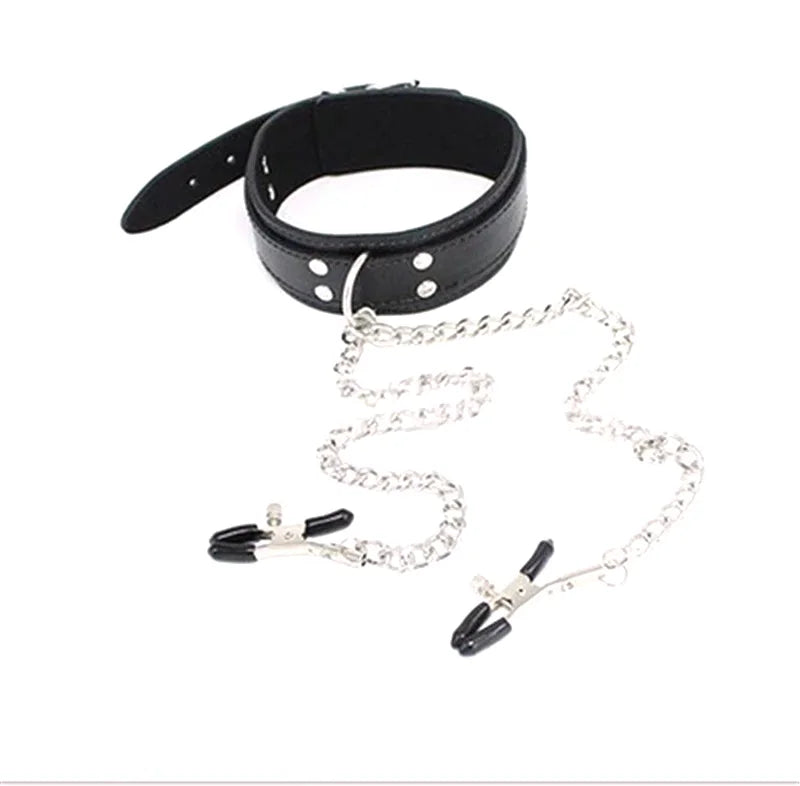 Choker with Nipple Clamps and Chain – Collar Set with Optional Whip – view 7