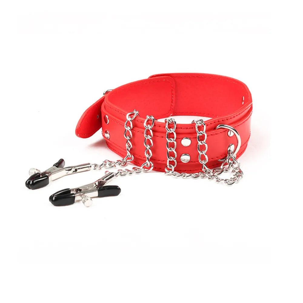 Choker with Nipple Clamps and Chain – Collar Set with Optional Whip – view 9