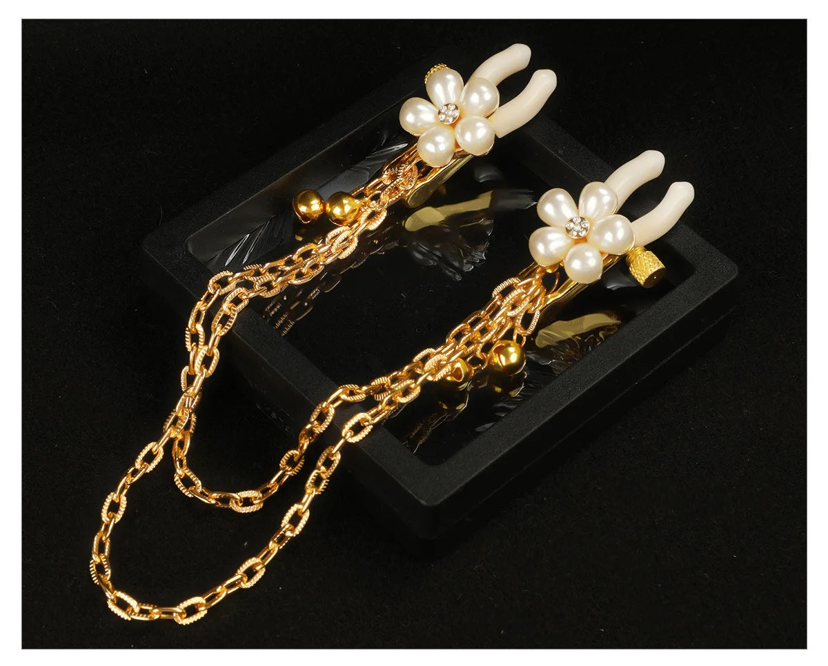 Pearl Petal Nipple Clamps – Gold, with Chain or Bells – view 18