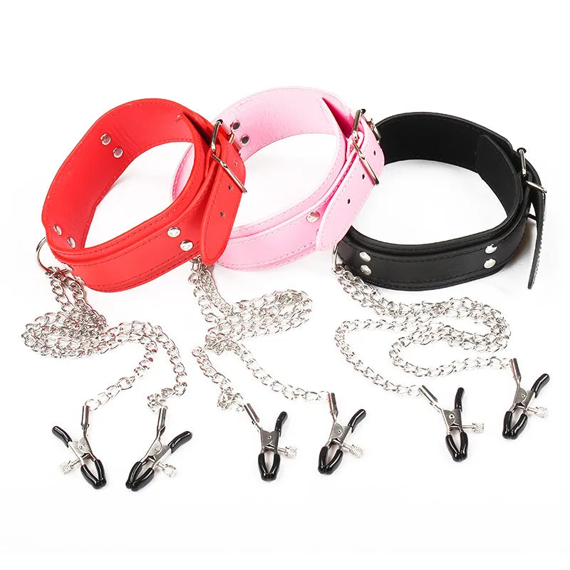 Leather Choker with Nipple Chain – Clip-On Chest Chain – view 1