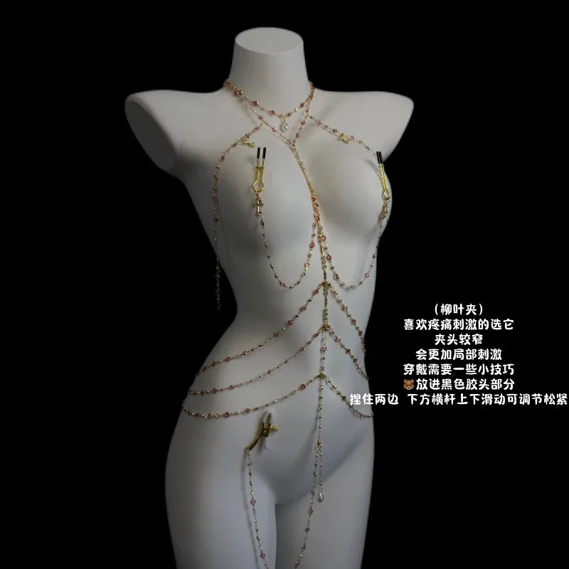 Rhinestone Body Chain Set with Collar and Nipple Clamps – view 14