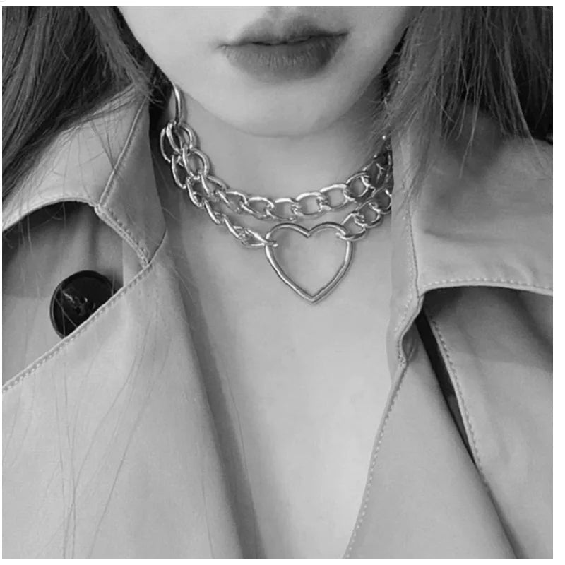 Leather Choker with Chain Leash – Heart, Bell or Spike Ring – view 10