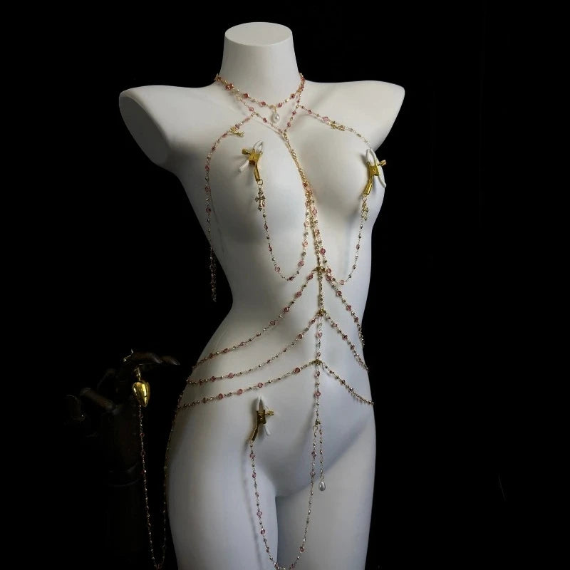 Rhinestone Body Chain Set with Collar and Nipple Clamps – view 3