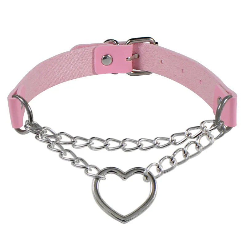 Leather Choker with Chain Leash – Heart, Bell or Spike Ring – view 13