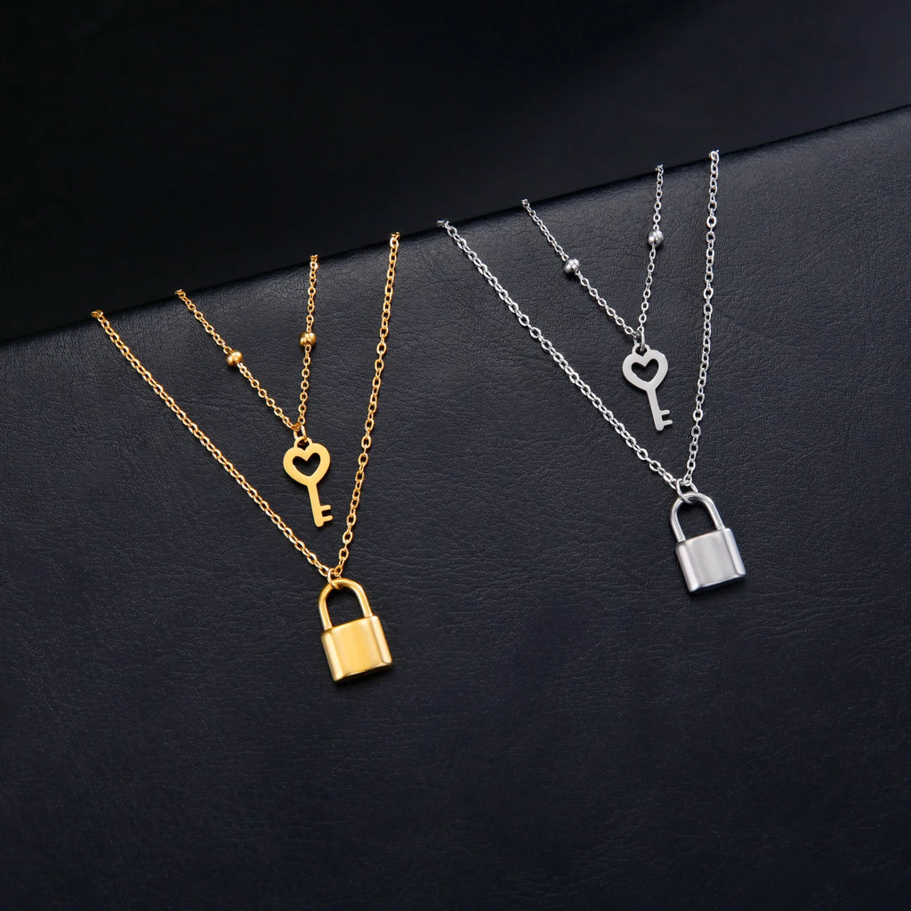 Padlock & Key Layered Choker Necklace – Stainless Steel – view 5