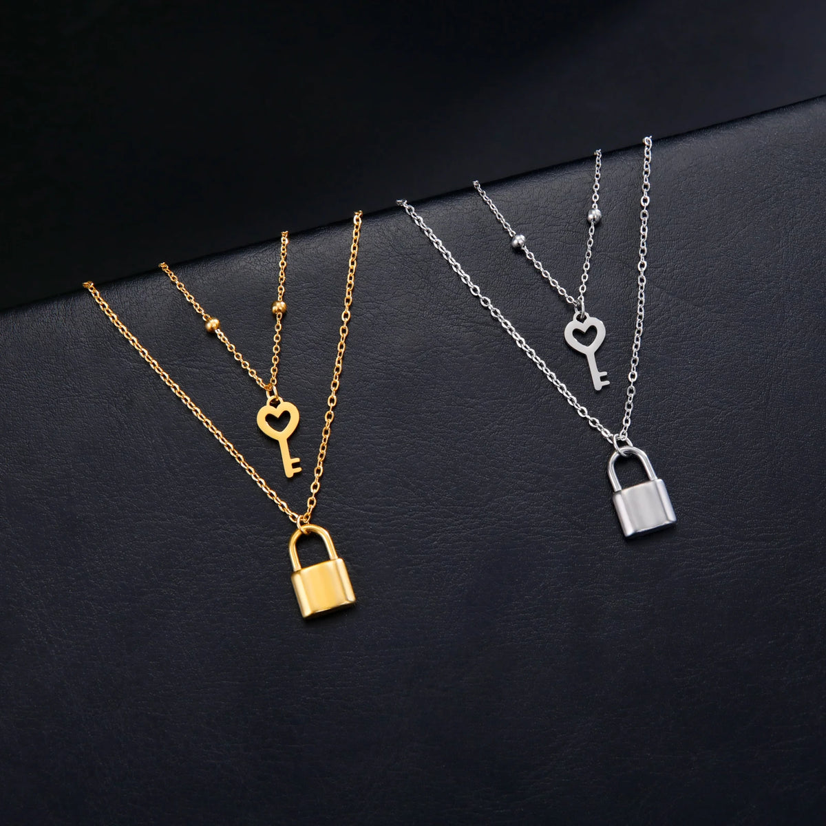 Padlock & Key Layered Choker Necklace – Stainless Steel – view 5