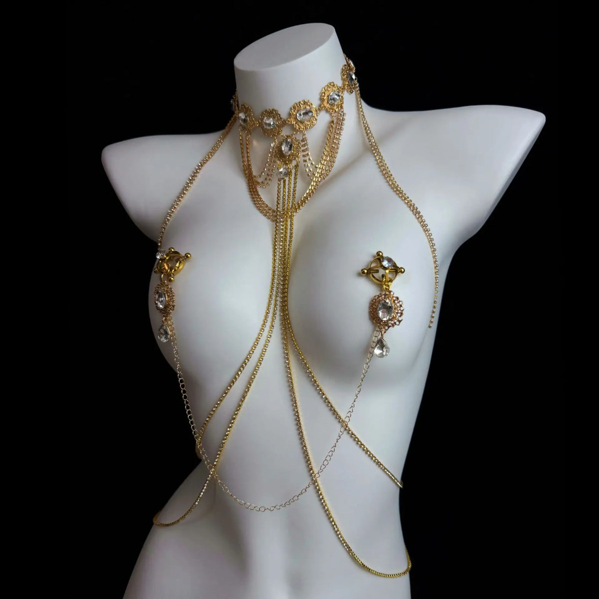 Gold Gemstone Body Chain with Tassel Nipple Clamps – view 4