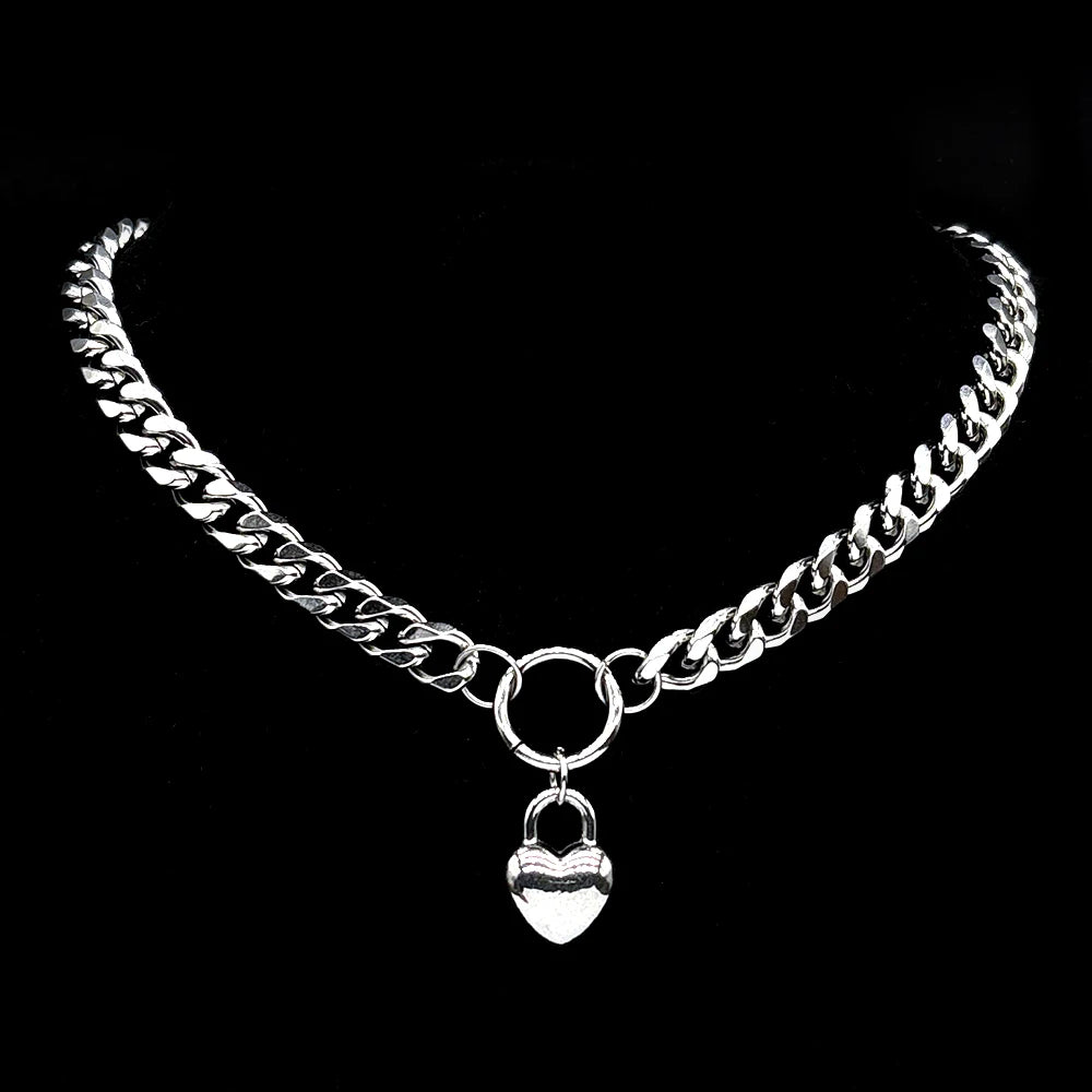Heart Padlock Necklace – Stainless Steel Cuban Chain Choker – view 3