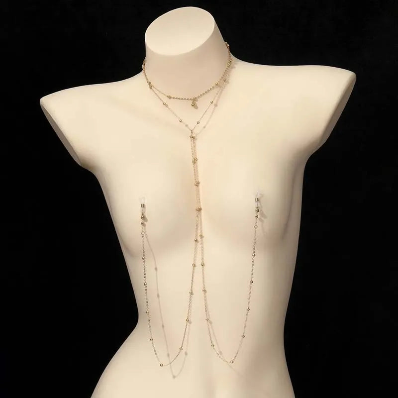 Beaded Chest Chain with Tassels – Gold Tone – view 1