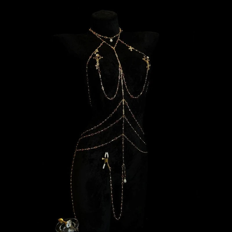 Rhinestone Body Chain Set with Collar and Nipple Clamps – view 7