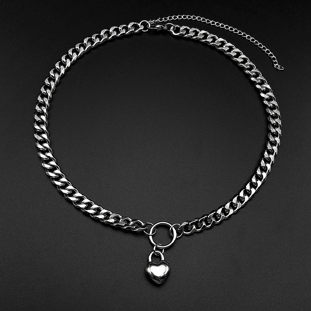 Heart Padlock Necklace – Stainless Steel Cuban Chain Choker – view 1