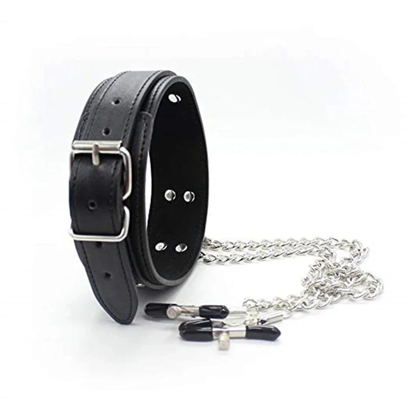 Choker with Nipple Clamps and Chain – Collar Set with Optional Whip – view 5