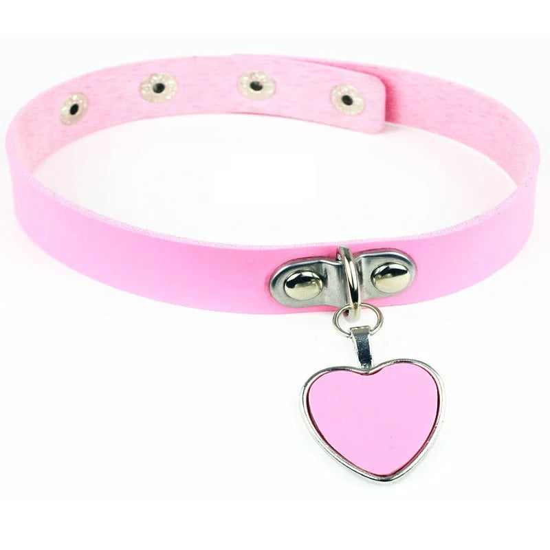 Leather Choker with Chain Leash – Heart, Bell or Spike Ring – view 18