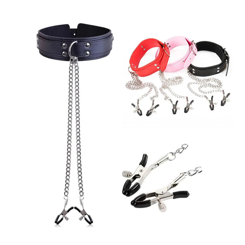 Choker with Nipple Clamps and Chain – Collar Set with Optional Whip – view 1