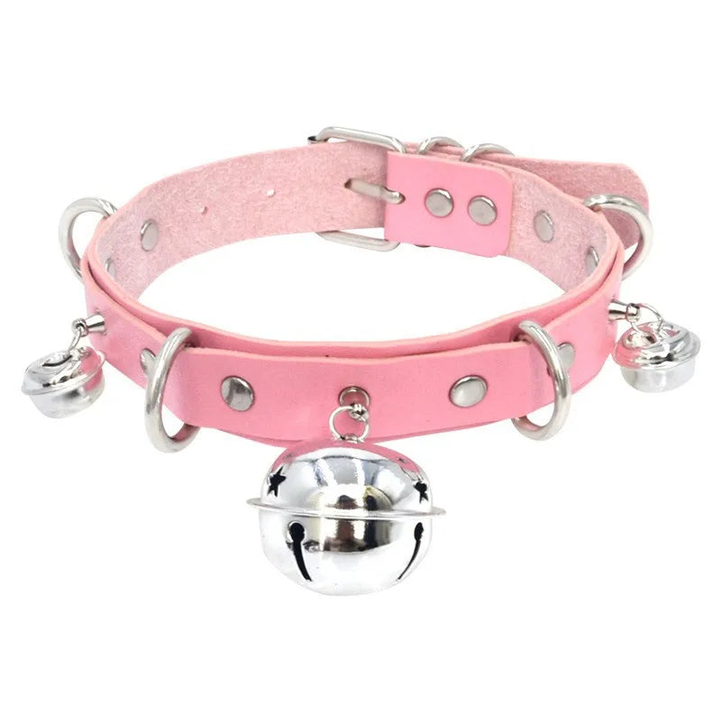 Leather Choker with Chain Leash – Heart, Bell or Spike Ring – view 24