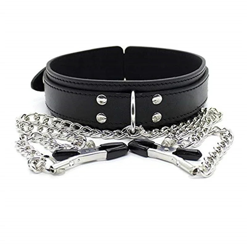 Choker with Nipple Clamps and Chain – Collar Set with Optional Whip – view 6