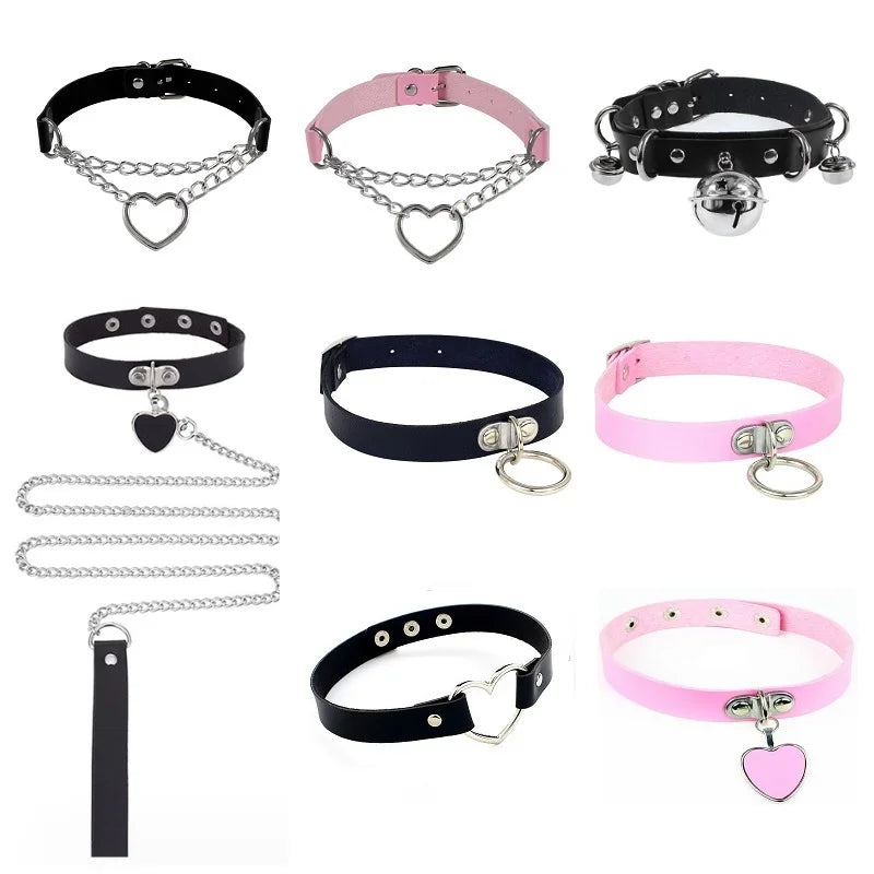 Leather Choker with Chain Leash – Heart, Bell or Spike Ring – view 1