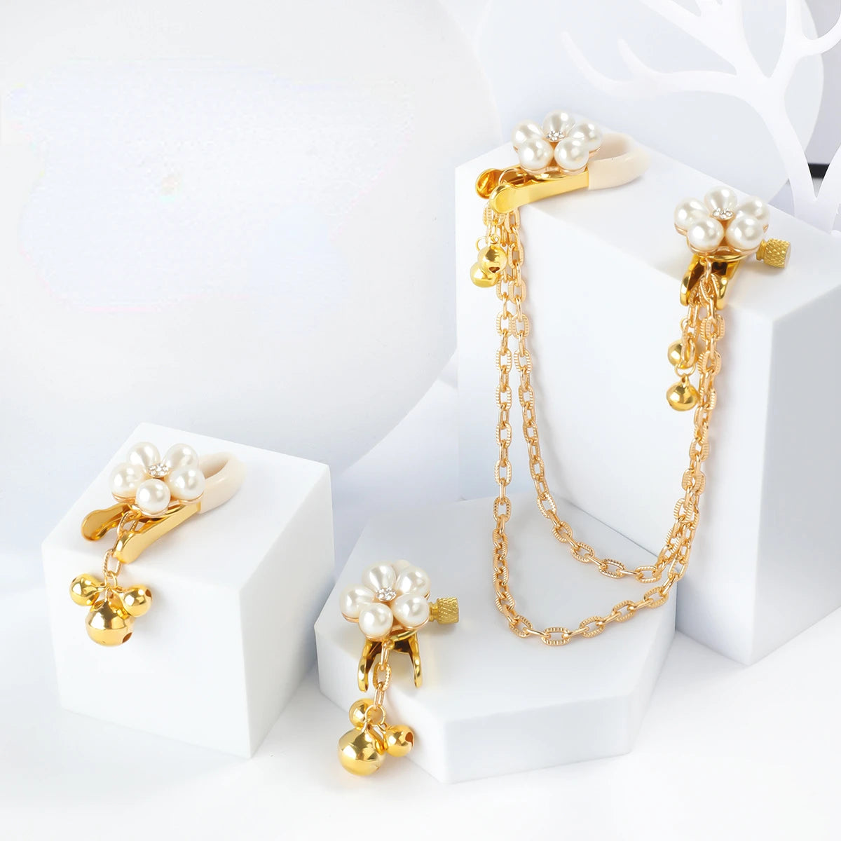 Pearl Petal Nipple Clamps – Gold, with Chain or Bells – view 1