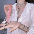 Leather Choker with Chain Leash – Heart, Bell or Spike Ring – view 3