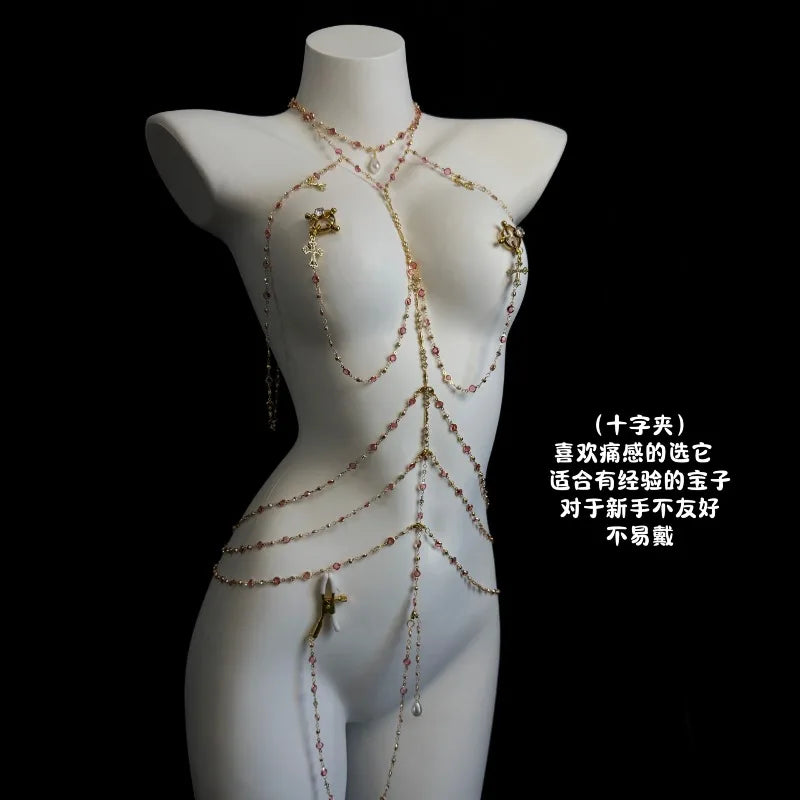 Rhinestone Body Chain Set with Collar and Nipple Clamps – view 20