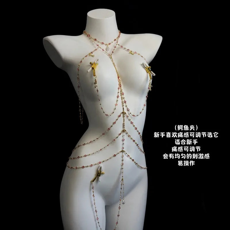 Rhinestone Body Chain Set with Collar and Nipple Clamps – view 19