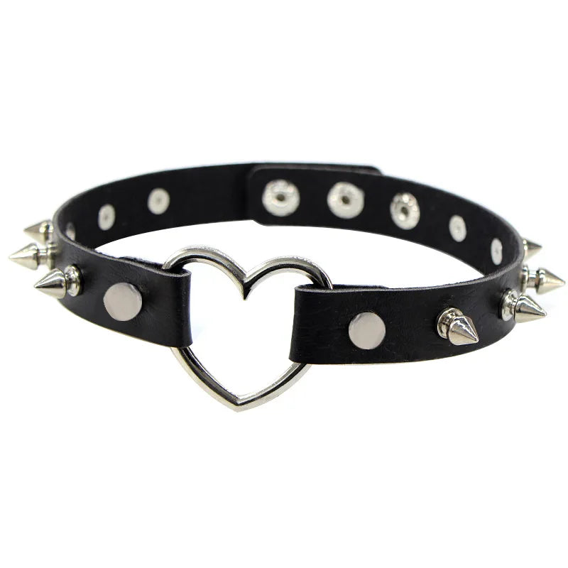 Leather Choker with Chain Leash – Heart, Bell or Spike Ring – view 25