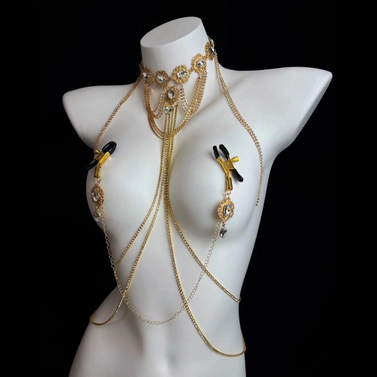 Gold Gemstone Body Chain with Tassel Nipple Clamps – view 9