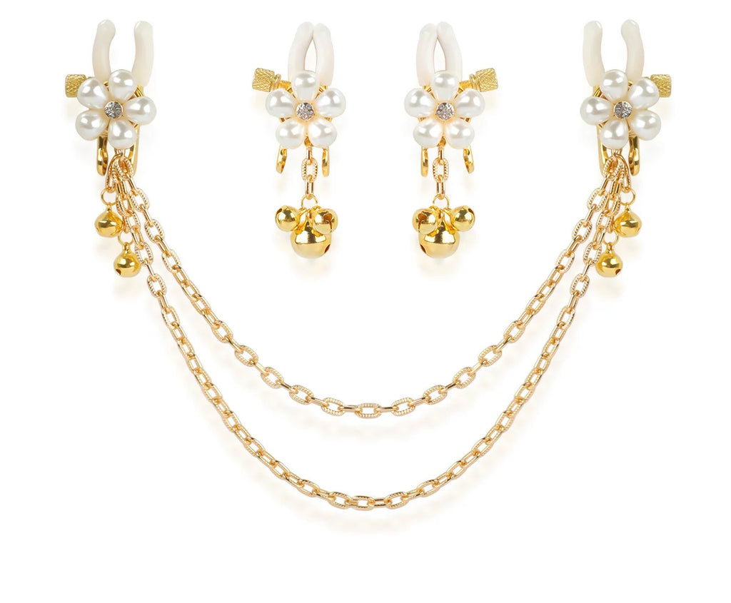 Pearl Petal Nipple Clamps – Gold, with Chain or Bells – view 11