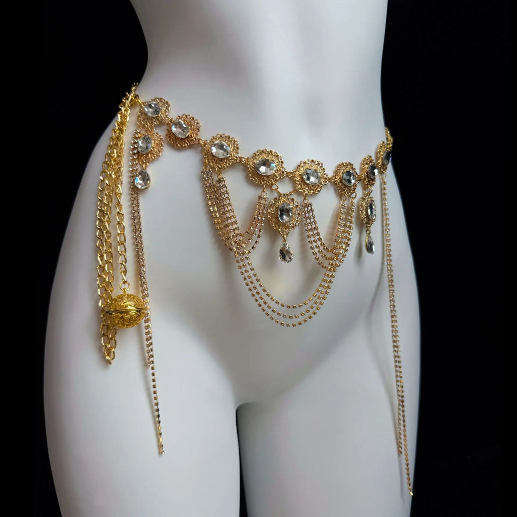 Gold Gemstone Body Chain with Tassel Nipple Clamps – view 6