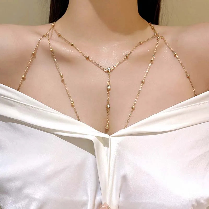 Square Crystal Chest Chain – Multi-Layer with Metal Beads – view 9