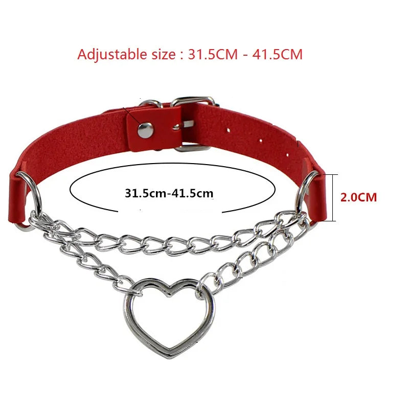 Leather Choker with Chain Leash – Heart, Bell or Spike Ring – view 7