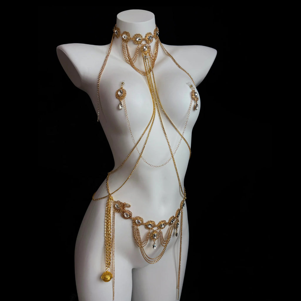 Gold Gemstone Body Chain with Tassel Nipple Clamps – view 1