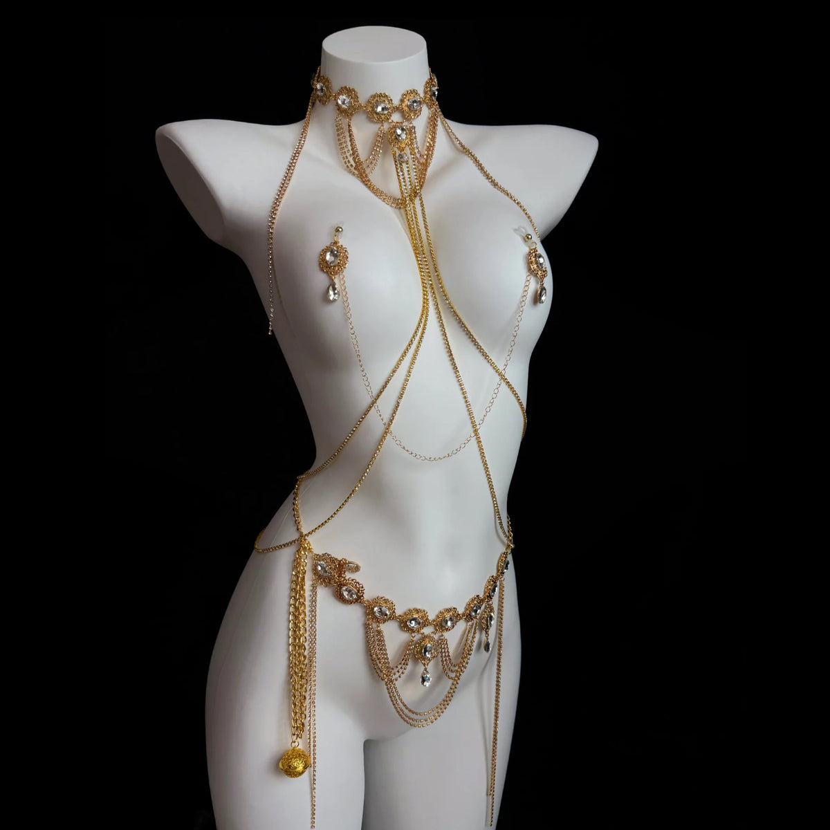 Gold Gemstone Body Chain with Tassel Nipple Clamps – view 1