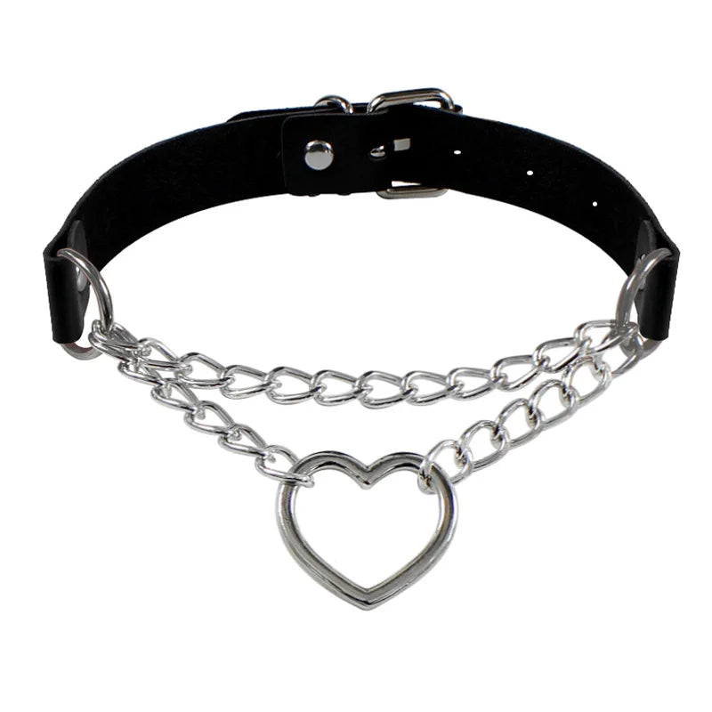 Leather Choker with Chain Leash – Heart, Bell or Spike Ring – view 19