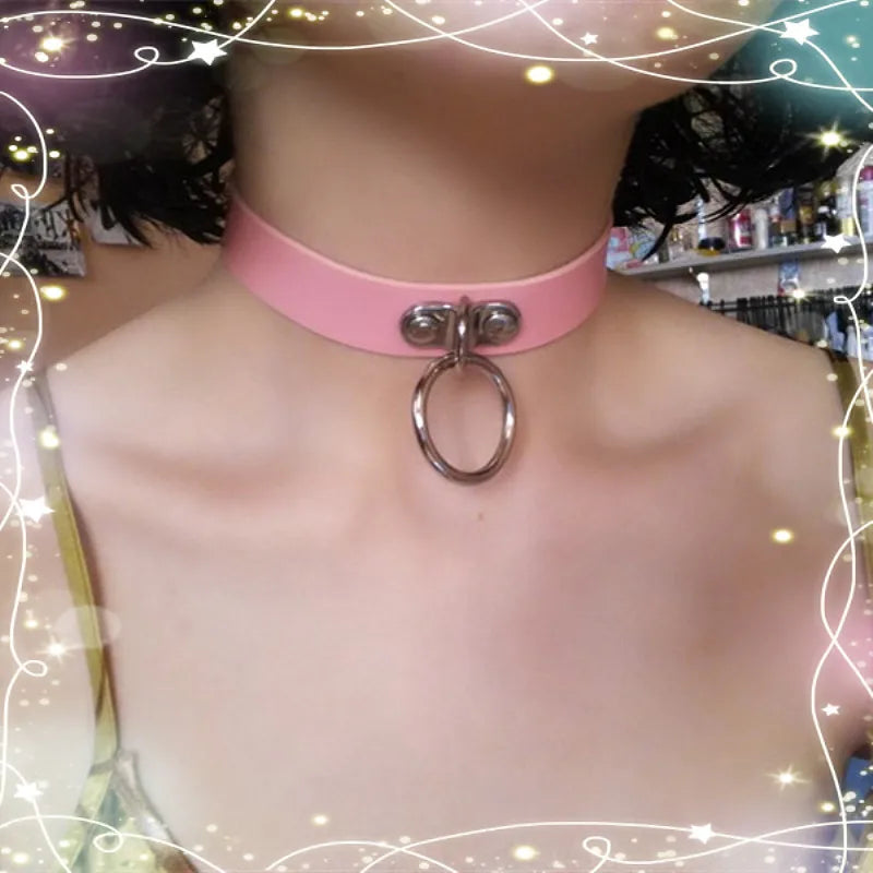 Leather Choker with Chain Leash – Heart, Bell or Spike Ring – view 4