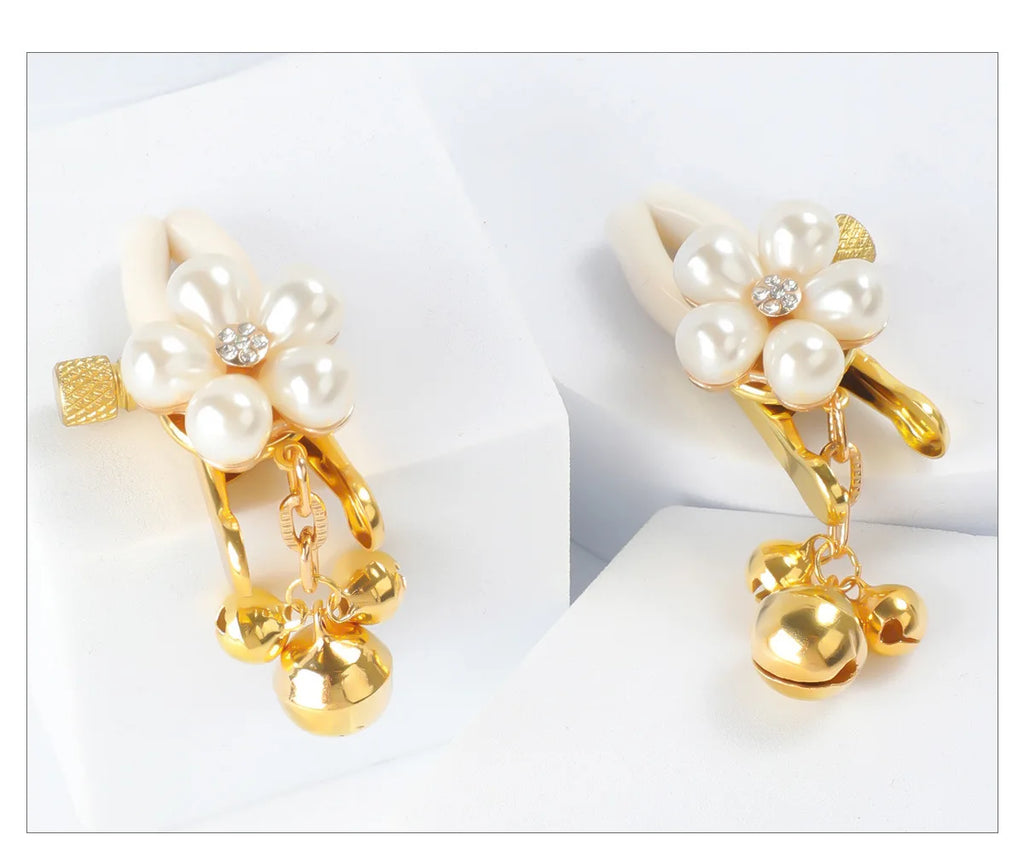 Pearl Petal Nipple Clamps – Gold, with Chain or Bells – view 12