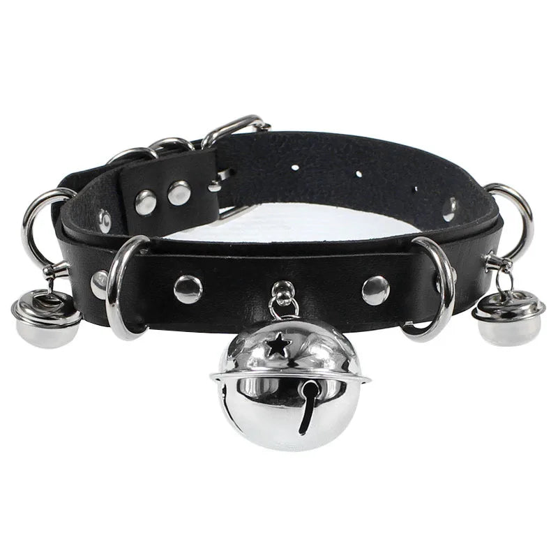 Leather Choker with Chain Leash – Heart, Bell or Spike Ring – view 14