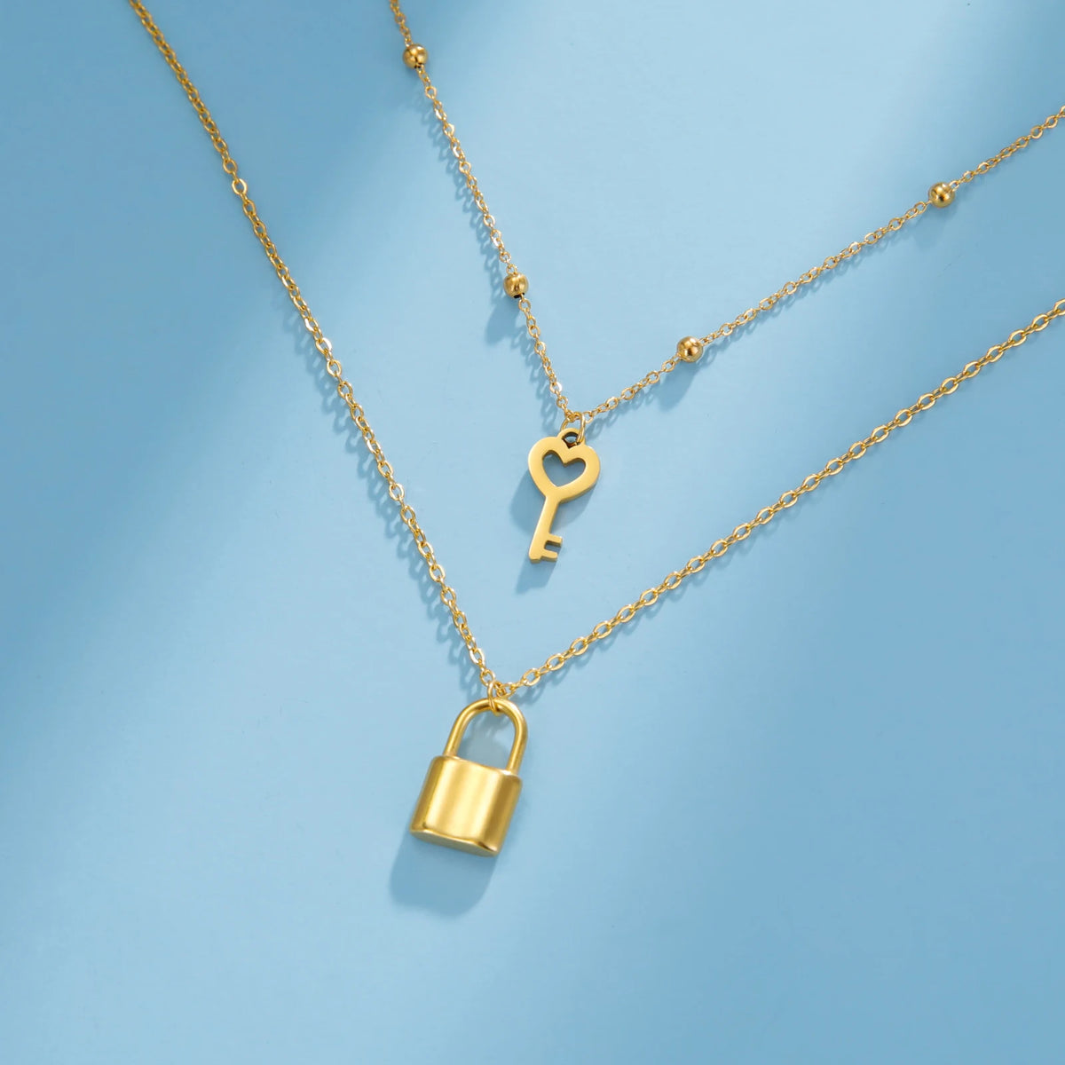 Padlock & Key Layered Choker Necklace – Stainless Steel – view 3