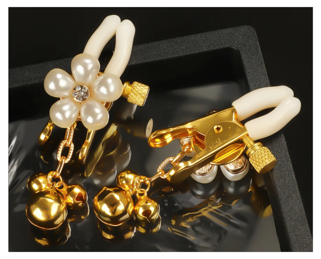 Pearl Petal Nipple Clamps – Gold, with Chain or Bells – view 14