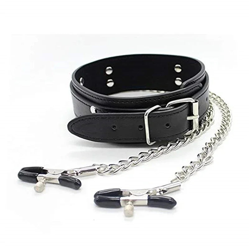 Choker with Nipple Clamps and Chain – Collar Set with Optional Whip – view 4