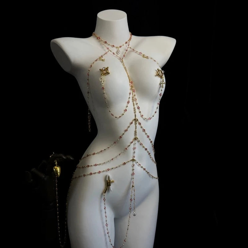 Rhinestone Body Chain Set with Collar and Nipple Clamps – view 2