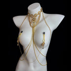 Gold Gemstone Body Chain with Tassel Nipple Clamps – view 3