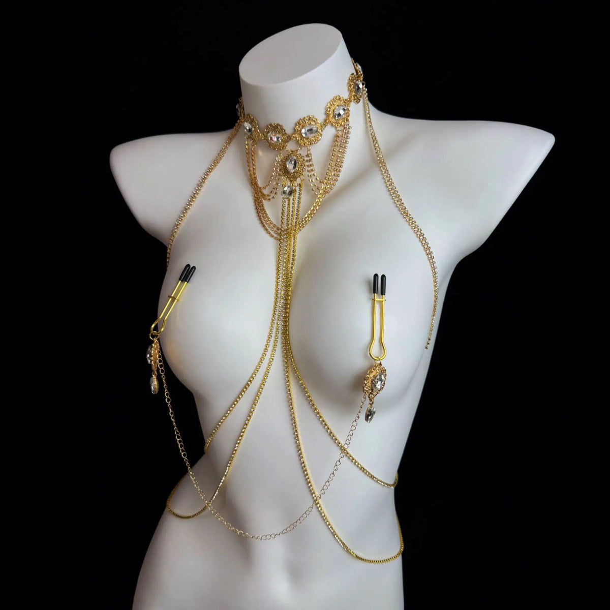 Gold Gemstone Body Chain with Tassel Nipple Clamps – view 3