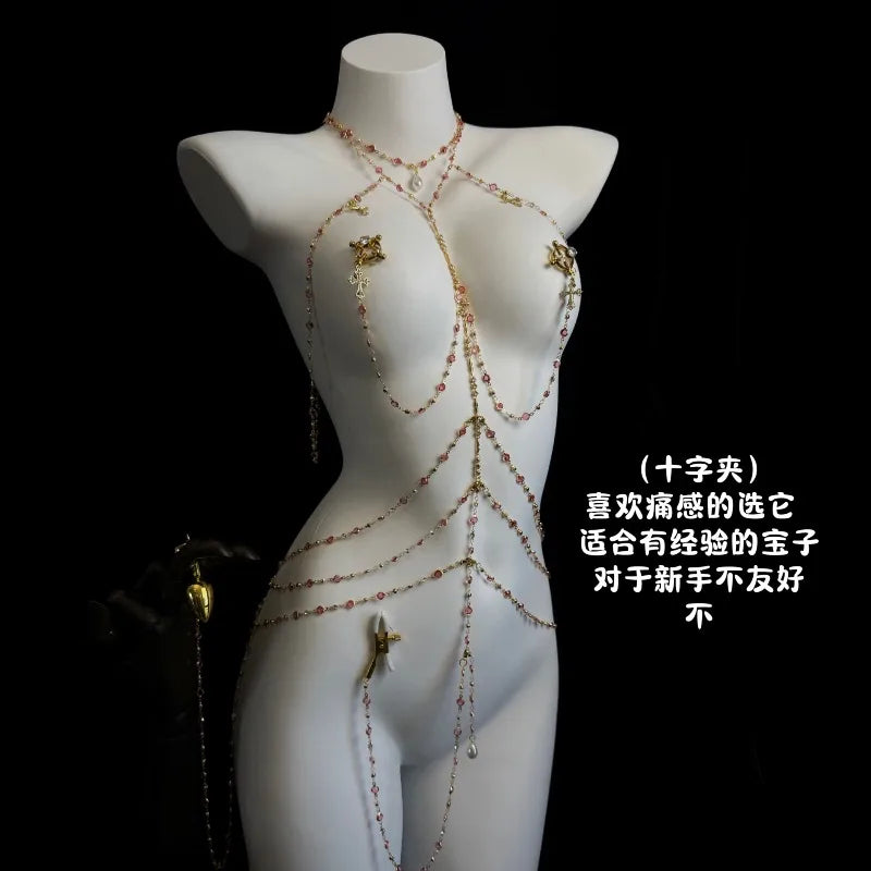 Rhinestone Body Chain Set with Collar and Nipple Clamps – view 17