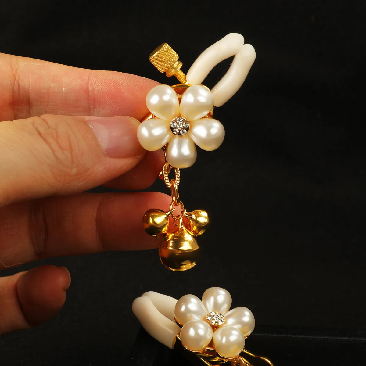 Pearl Petal Nipple Clamps – Gold, with Chain or Bells – view 4
