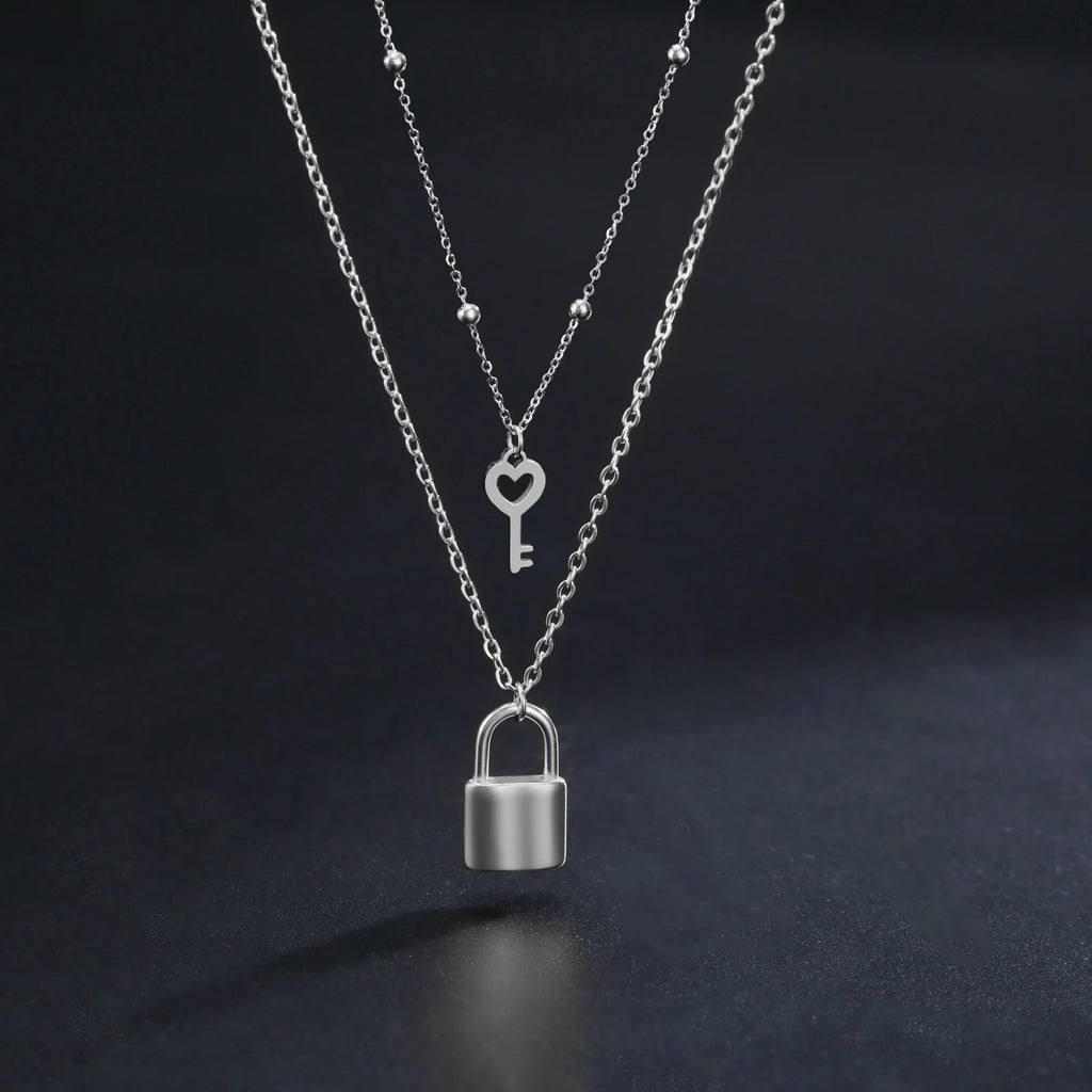 Padlock & Key Layered Choker Necklace – Stainless Steel – view 1