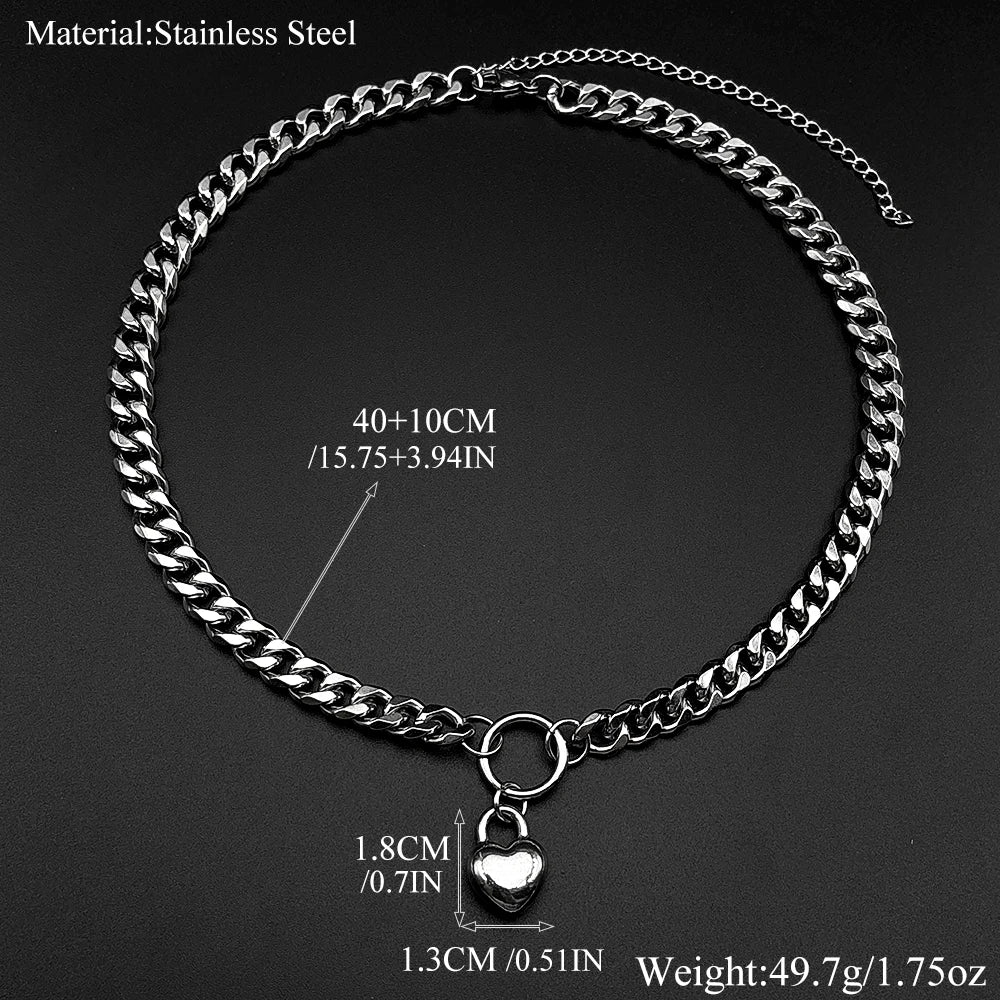 Heart Padlock Necklace – Stainless Steel Cuban Chain Choker – view 6