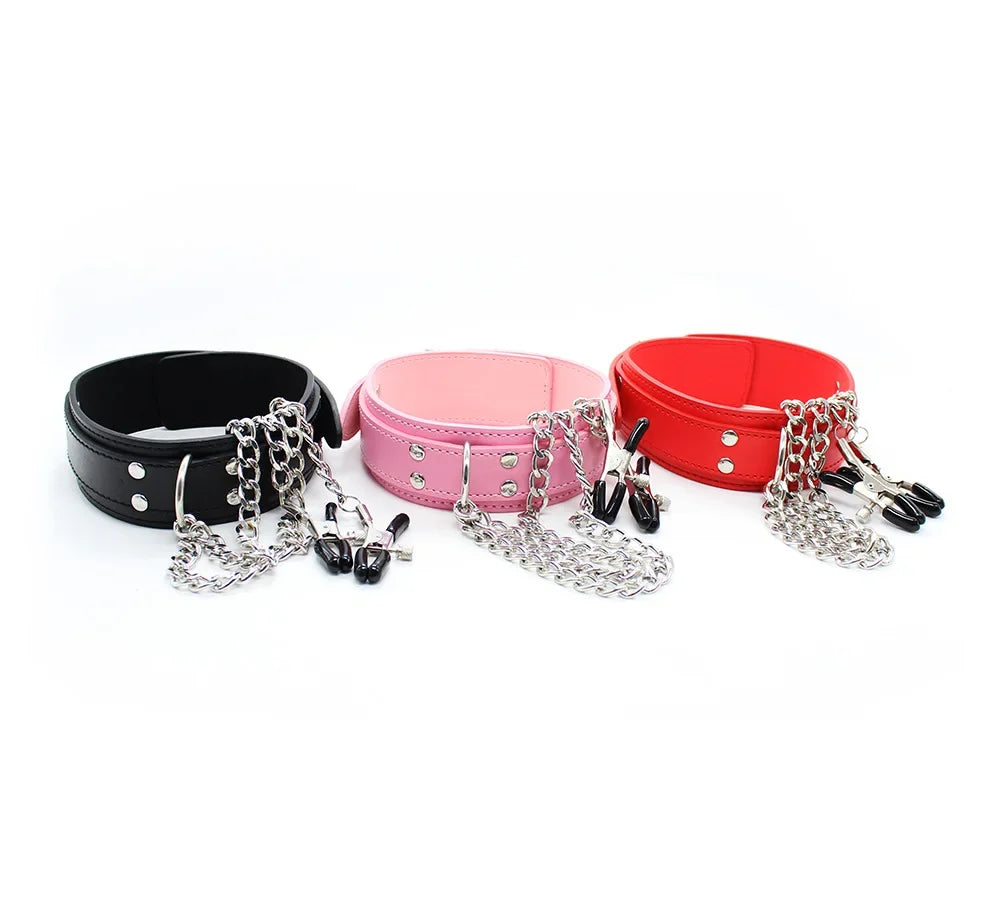 Leather Choker with Nipple Chain – Clip-On Chest Chain – view 2