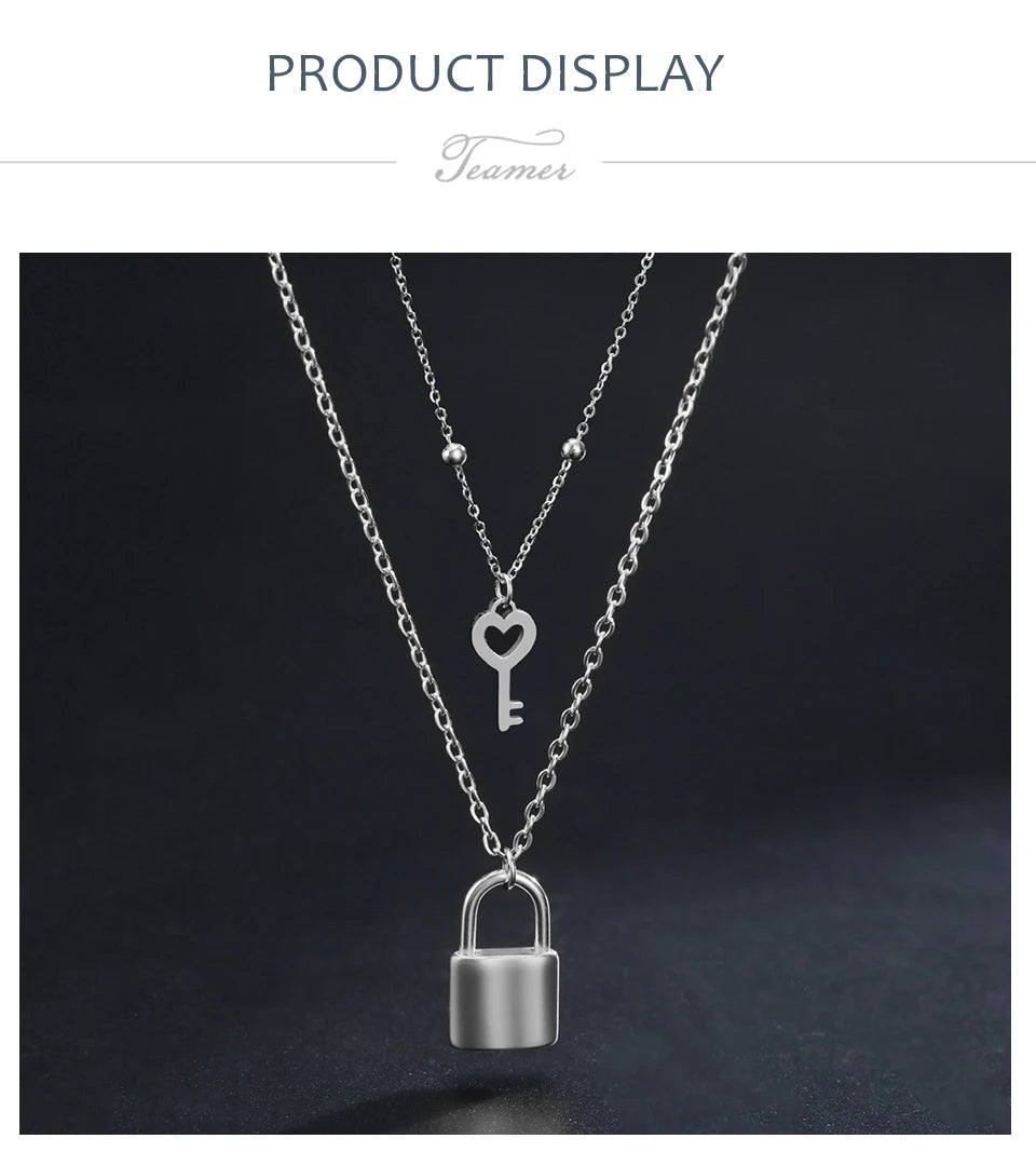 Padlock & Key Layered Choker Necklace – Stainless Steel – view 8